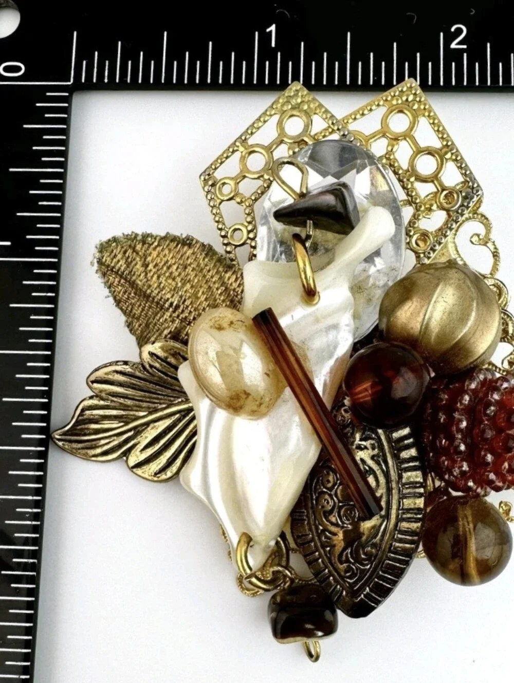Vintage Assembllage Brooch Goldtone Mixed Media Statement Artisan 3
